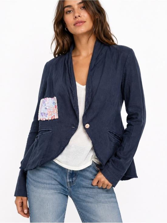 Free People Jackets & Blazers - Free People Black Patchwork Floral Linen One-Button Raw Hem Lightweight Jacket
